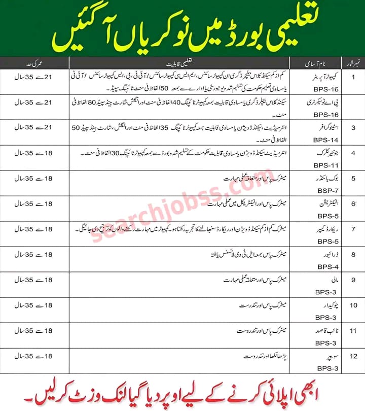 بورڈ آف انٹرمیڈیٹ اینڈ سیکنڈری ایجوکیشن میں شاندار نوکریوں کا اعلان کیا گیا ہے